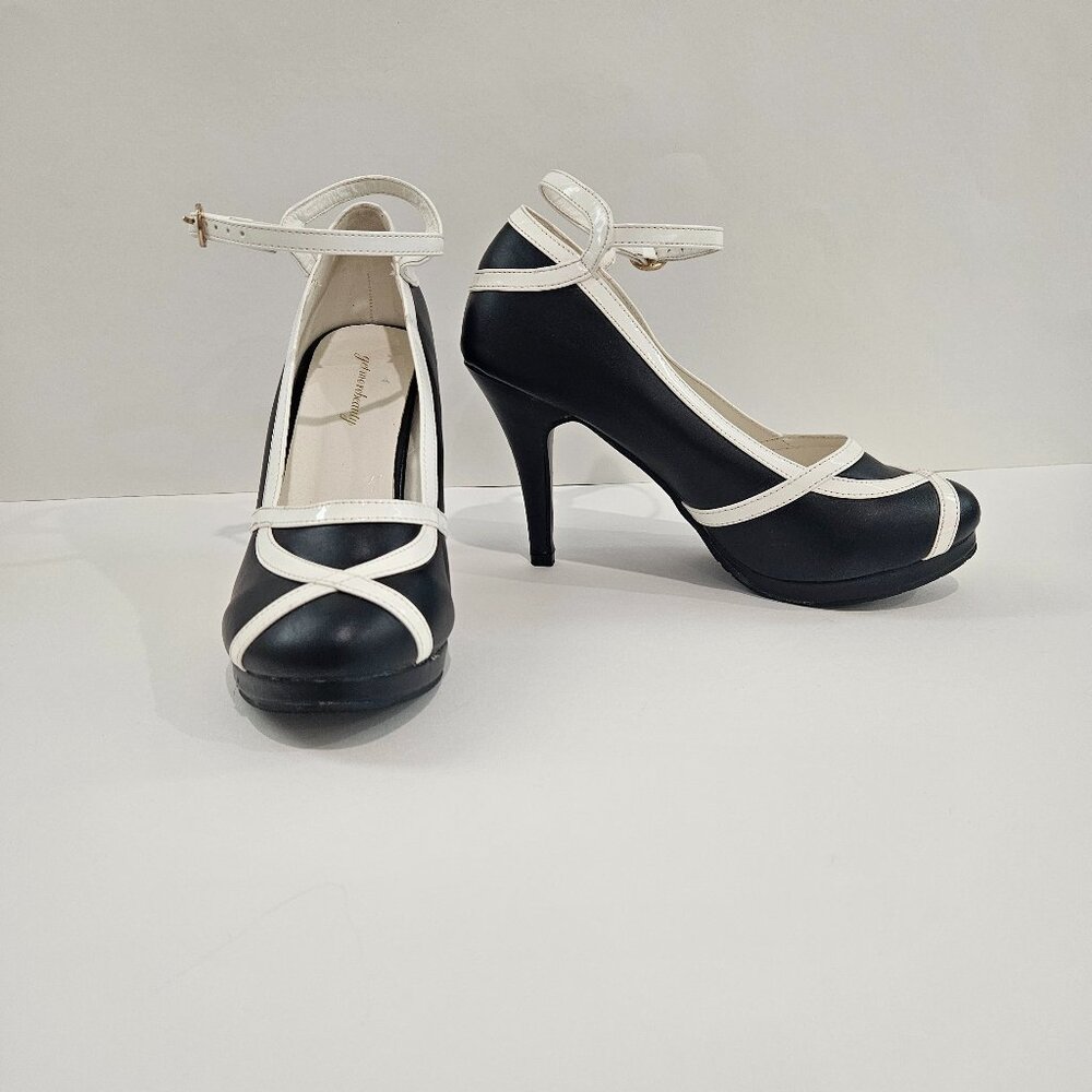 Women's Vintage Retro Black and White Ankle Strap High Heels,Pinup,EU 40,Sexy,